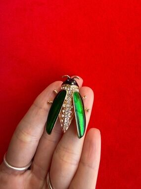 American Vintage Green Enamel & Gold Crystal Beetle Brooch